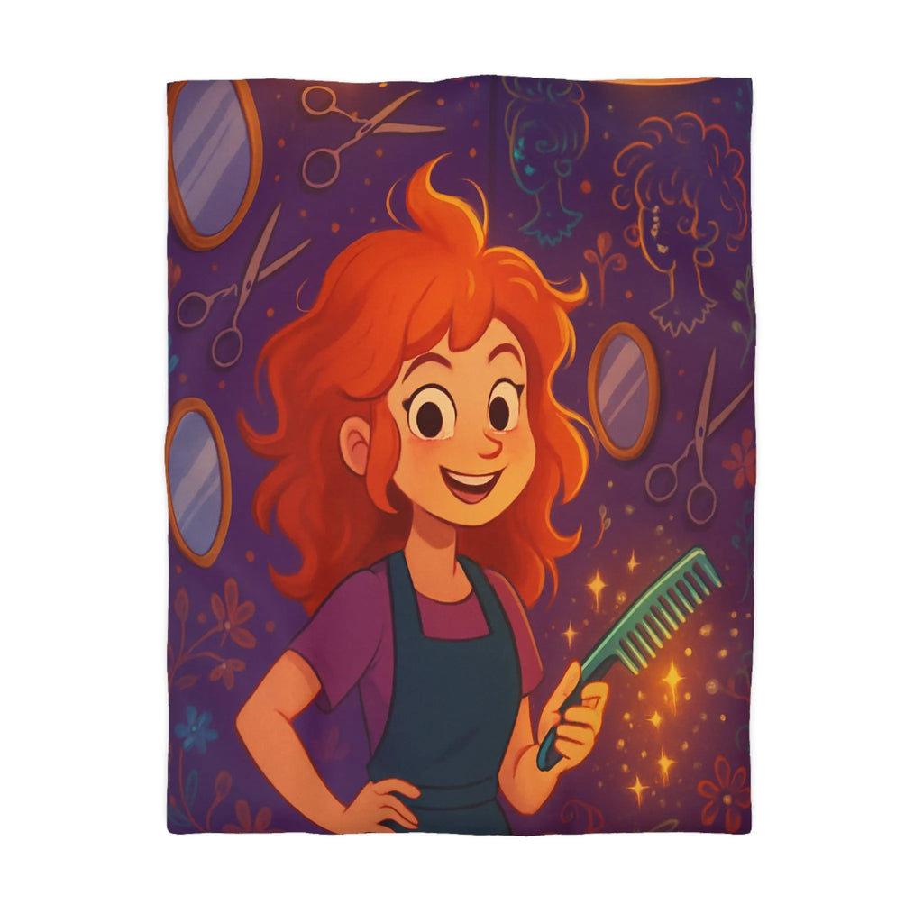 Housse de Couette Colorée avec Fille Rieuse et Ambiance Salon de Coiffure Magique