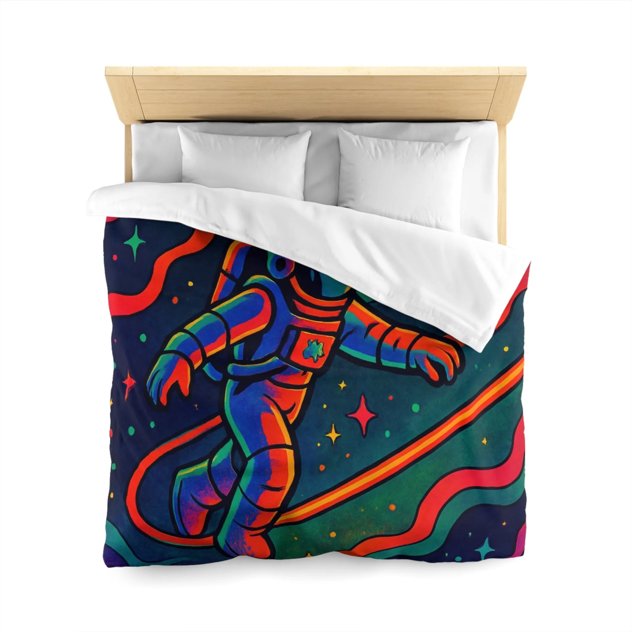 Housse de couette astronaute flottant dans un cosmos aux couleurs psychédéliques vibrantes