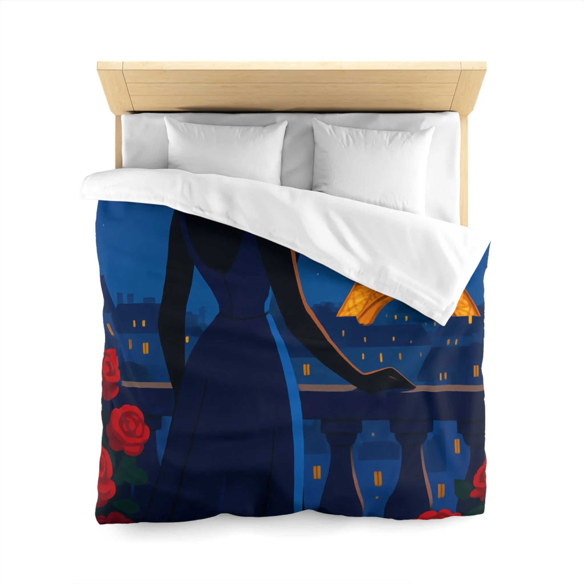 Housse de couette élégante avec vue nocturne sur Paris et roses rouges vibrantes
