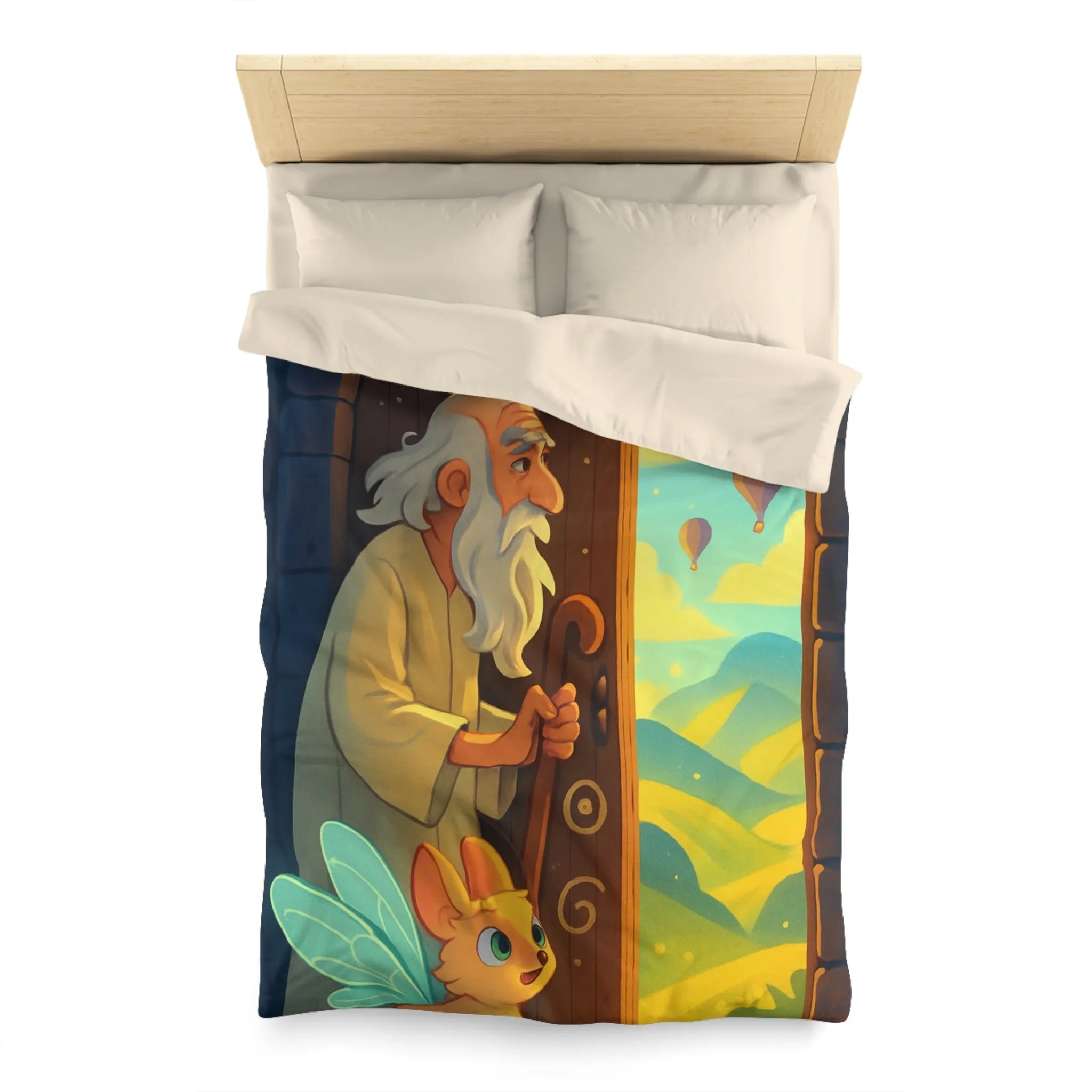 Housse de Couette Fantastique avec Ancien Sage et Paysage Magique Étoilé Soufflant