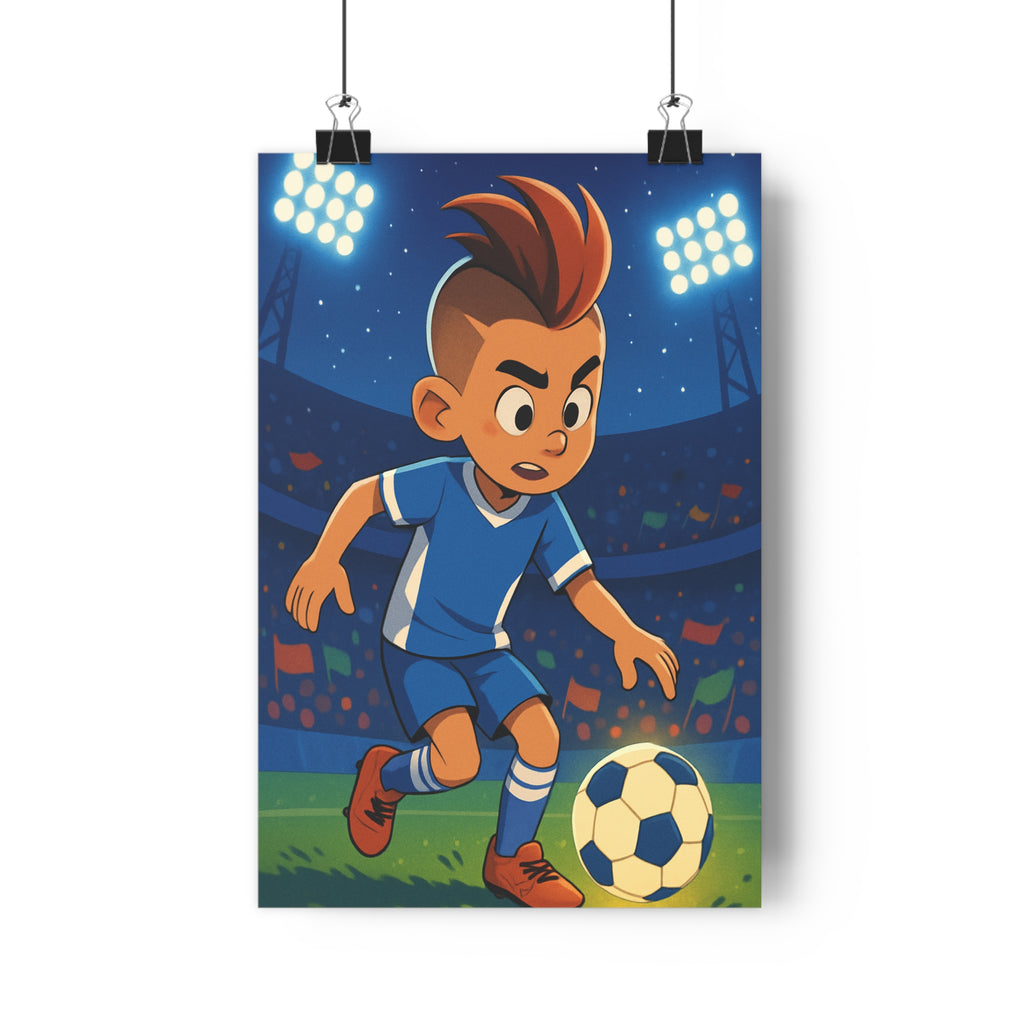 Poster décoratif jeune footballeur cartoon vibrant bleu blanc chambre enfant dynamique énergie tendance sport