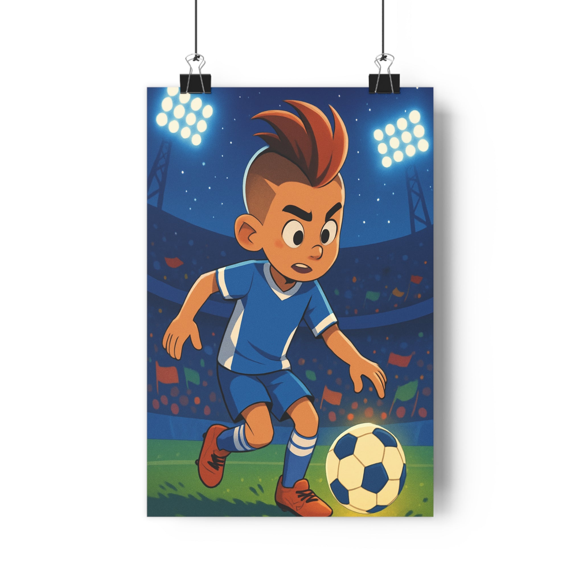 Poster décoratif jeune footballeur cartoon vibrant bleu blanc chambre enfant dynamique énergie tendance sport