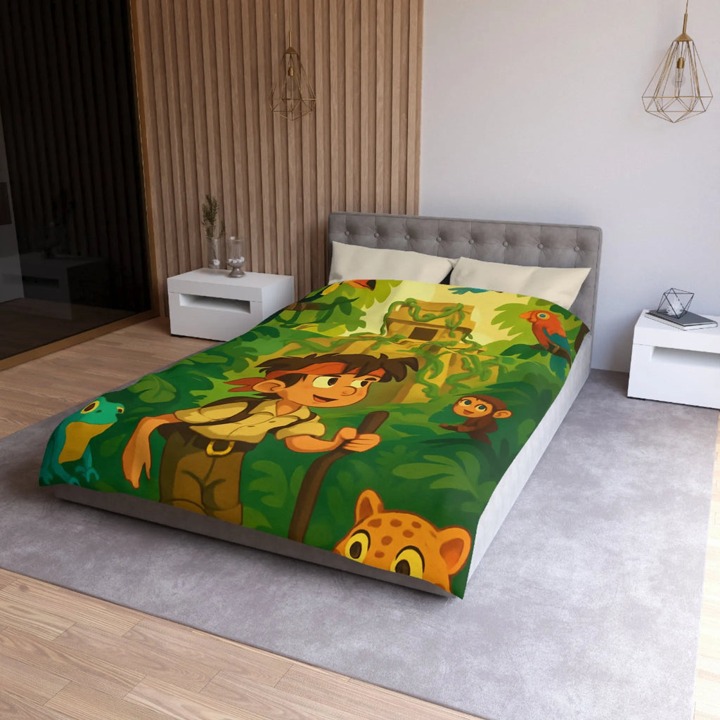 Housse de couette aventure jungle exotique pour chambre d'enfant avec animaux et temple