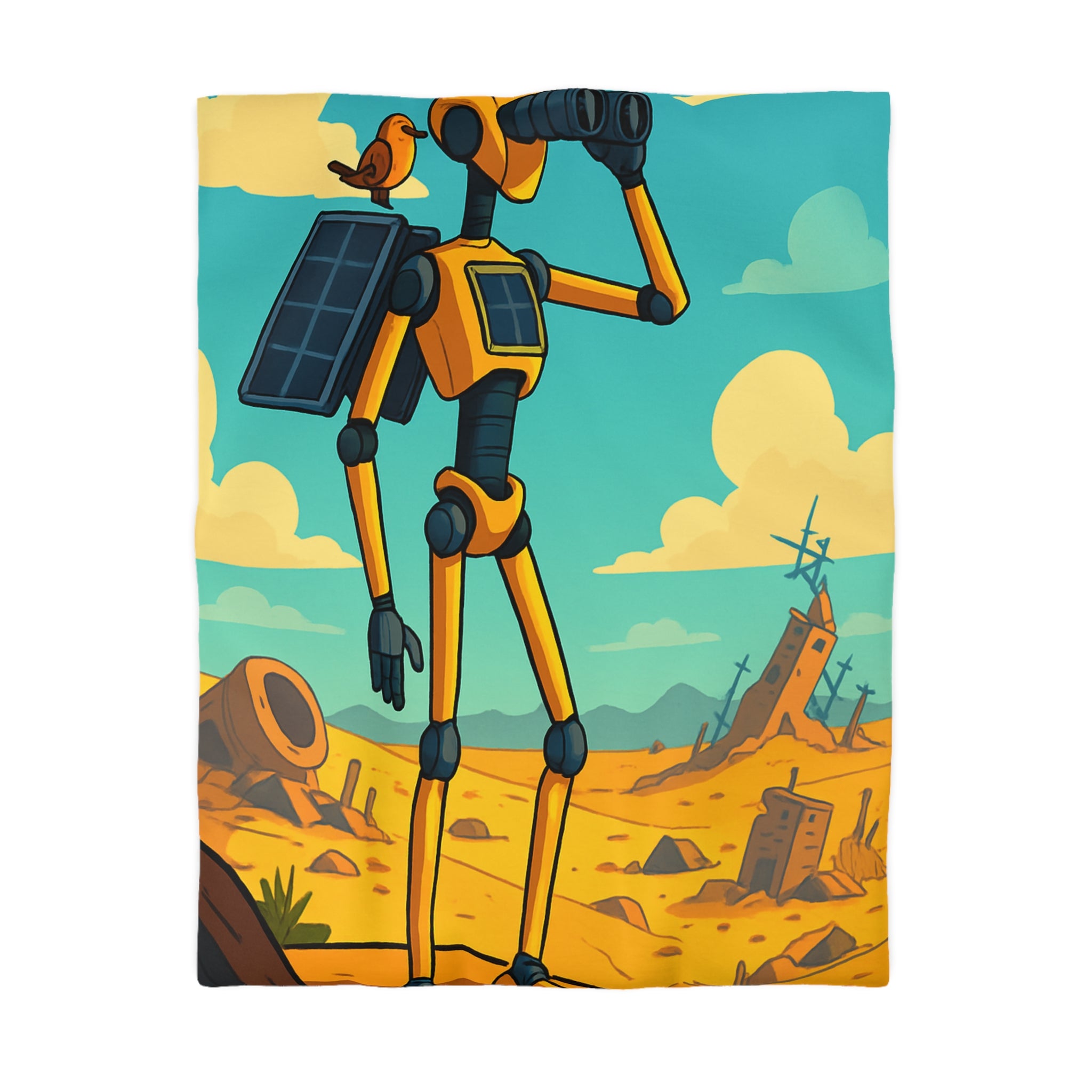 Housse de couette robot jaune explorateur dans désert post-apocalyptique avec oiseau