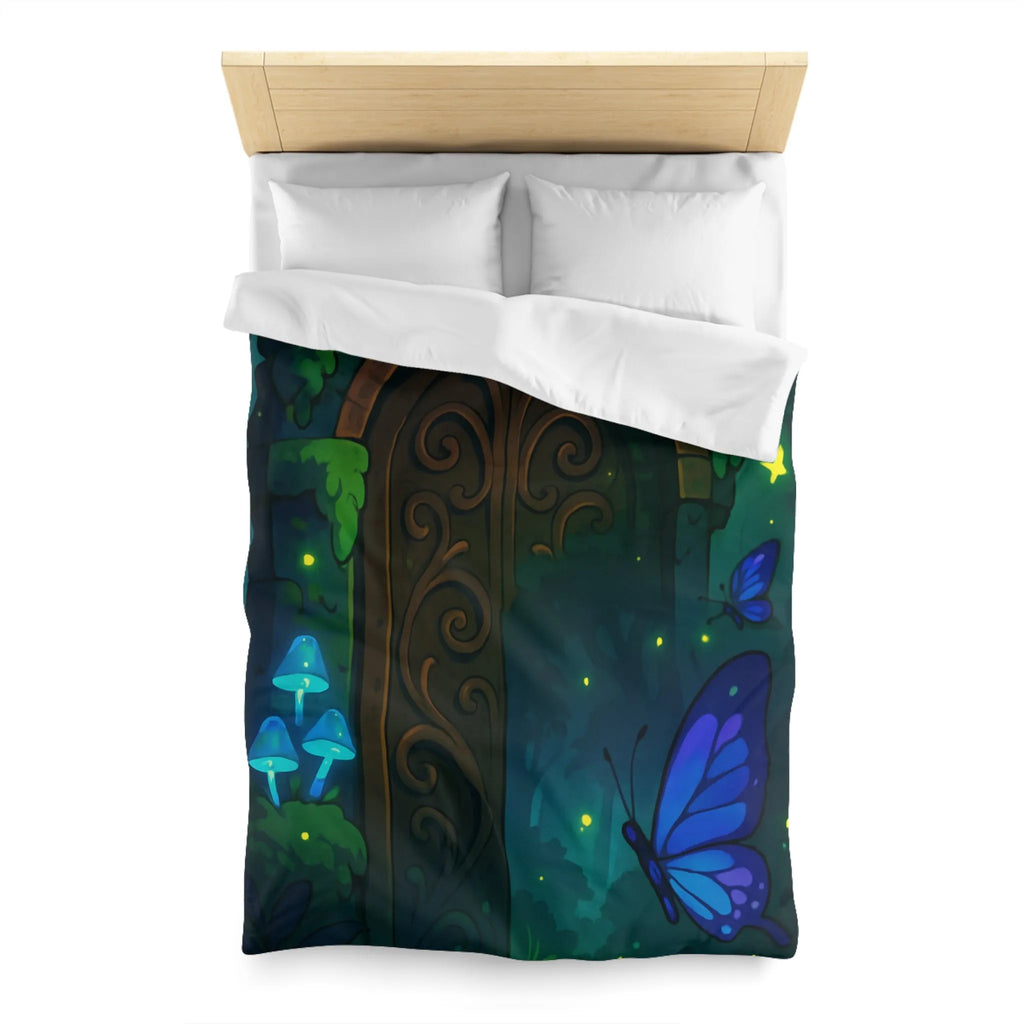 Housse de couette magique bleu papillons et porte en bois mystérieuse forêt enchantée