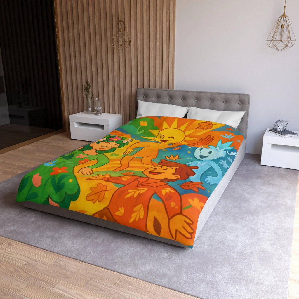 Housse de couette éclatante illustrant les quatre saisons dans un design ludique et coloré