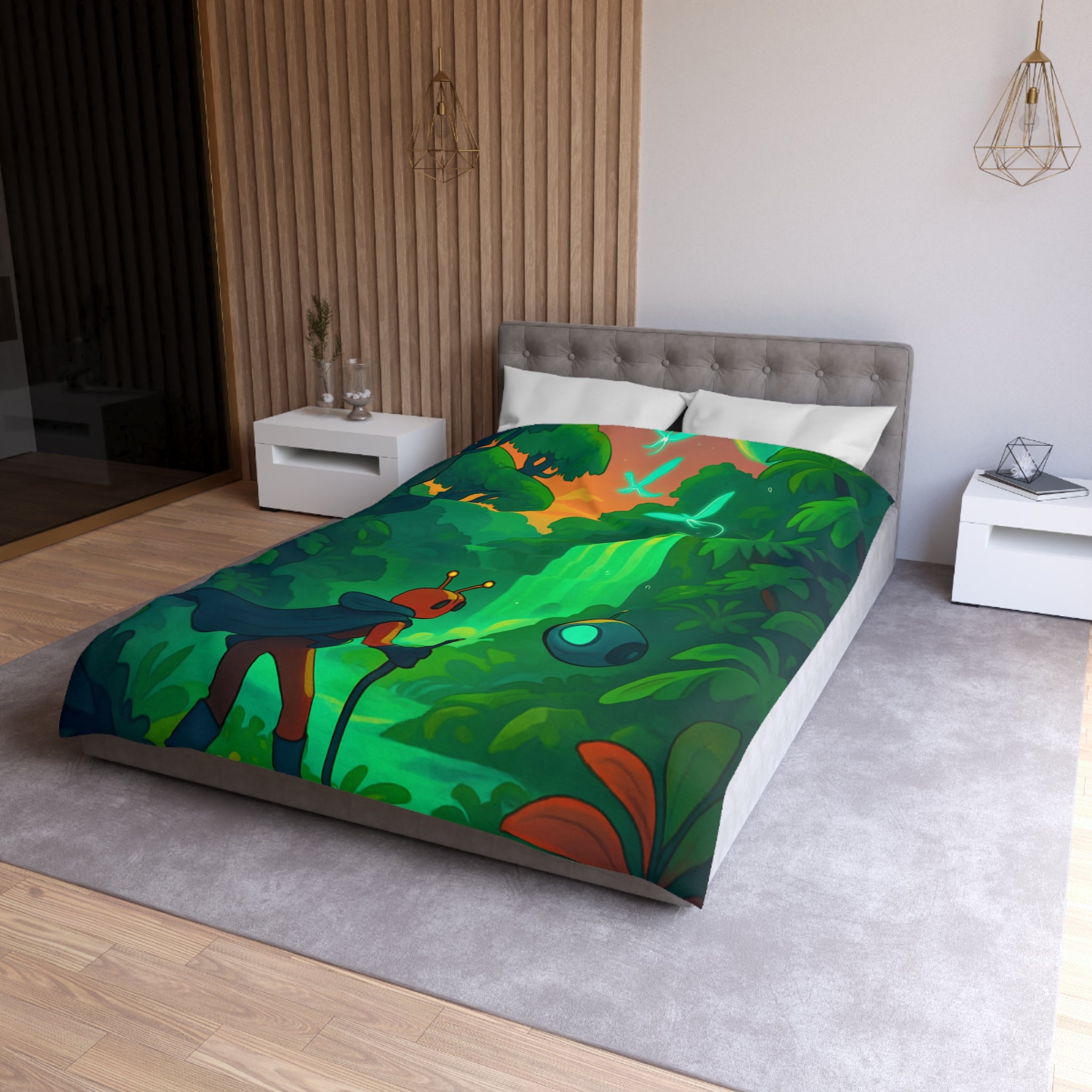 Housse de couette vibrante avec paysage extraterrestre mystérieux et personnage aventurier