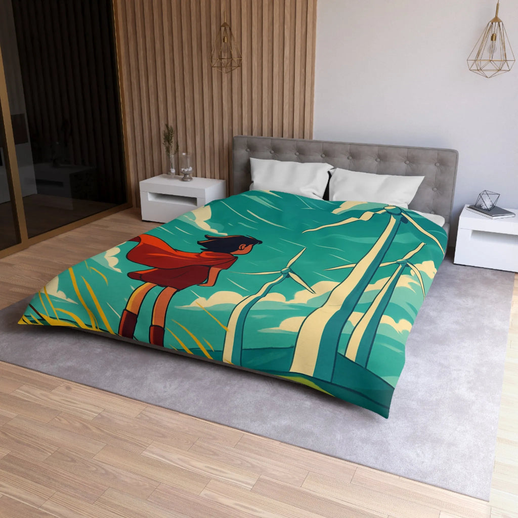 Housse de Couette Enfant avec Éoliennes et Paysage Venté Rouge et Bleu