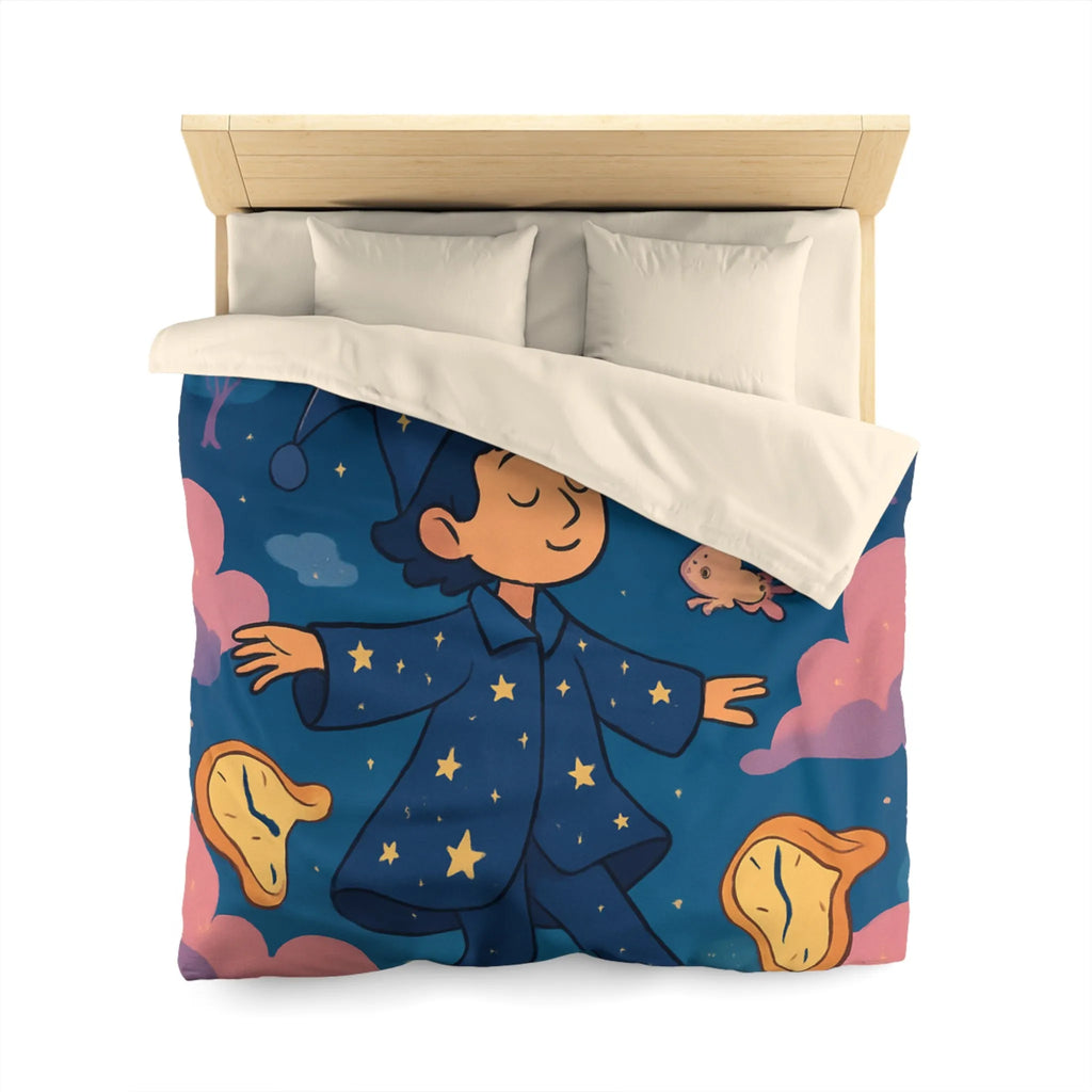 Housse de couette magique avec sorcier enfant rêvant de créatures volantes lunaires