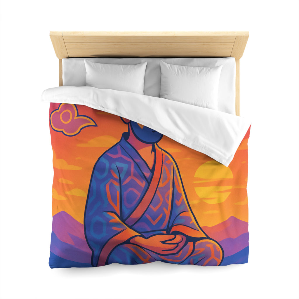 Housse de Couette Zen Moine Méditant au Coucher de Soleil Avec Fleurs de Lotus