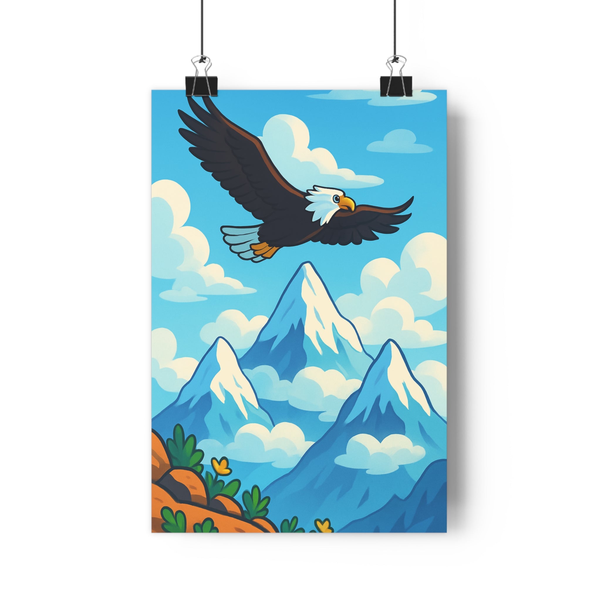 Poster décoratif anime aigle majestueux montagnes enneigées ciel bleu nuages blancs ambiance aventure 30x46