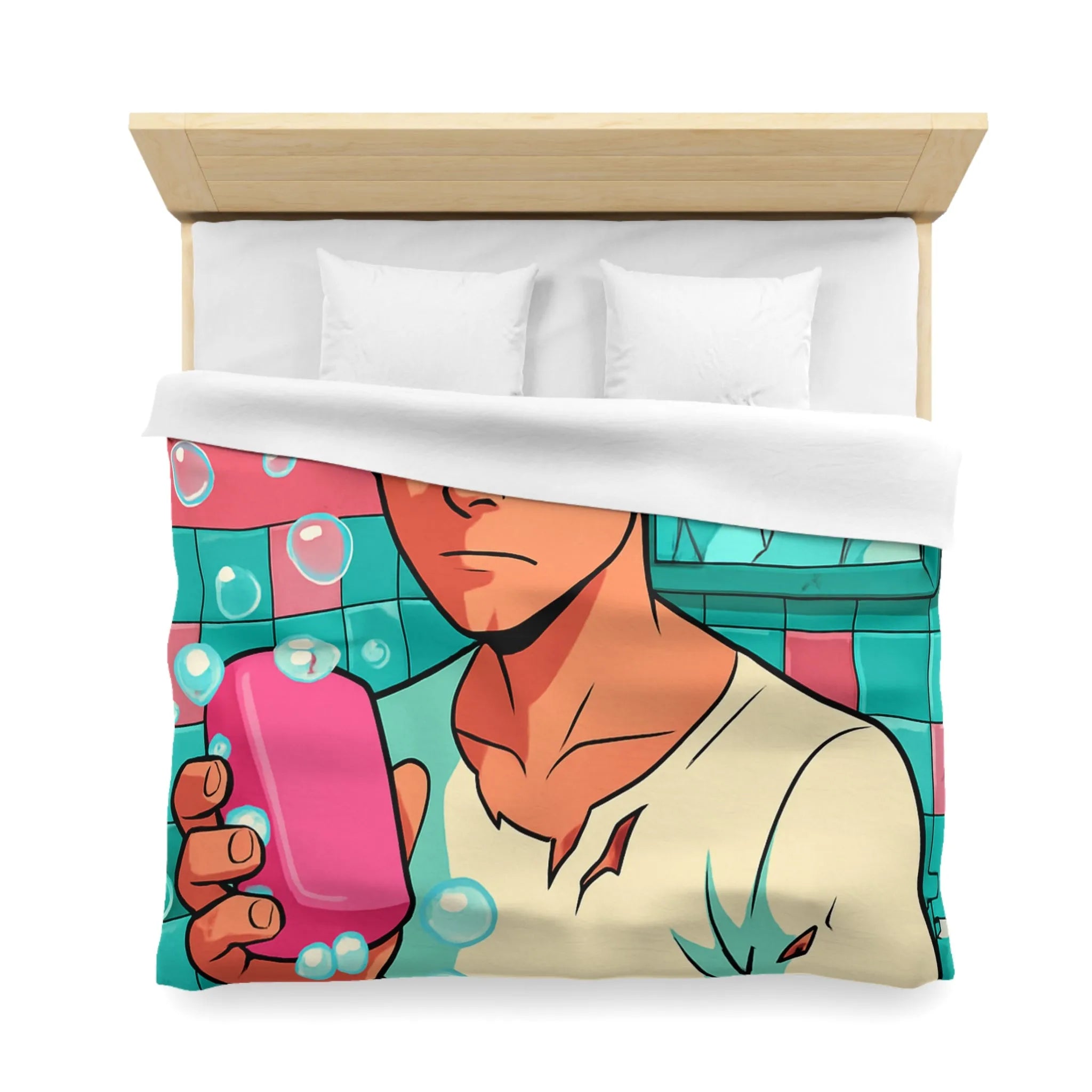 Housse de Couette avec Jeune Homme Déterminé Tenant Un Savon Rose en Colère