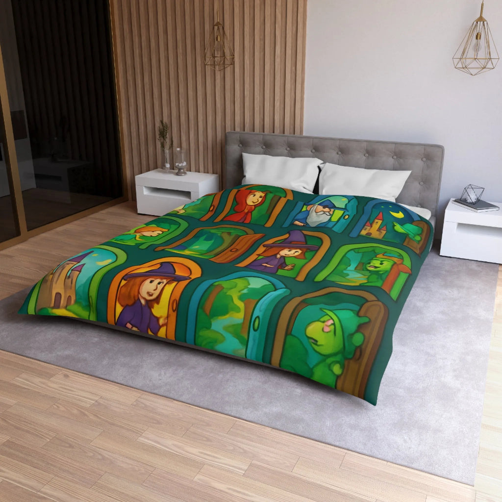 Enchantement magique avec motifs de sorcières, chevaux, et châteaux sur housse de couette