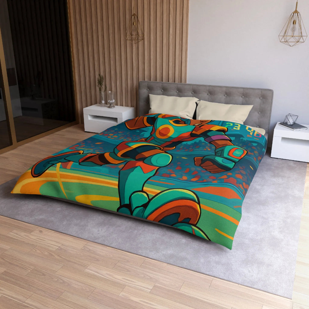 Housse de couette colorée avec joueur futuriste en action dans un stade dynamique