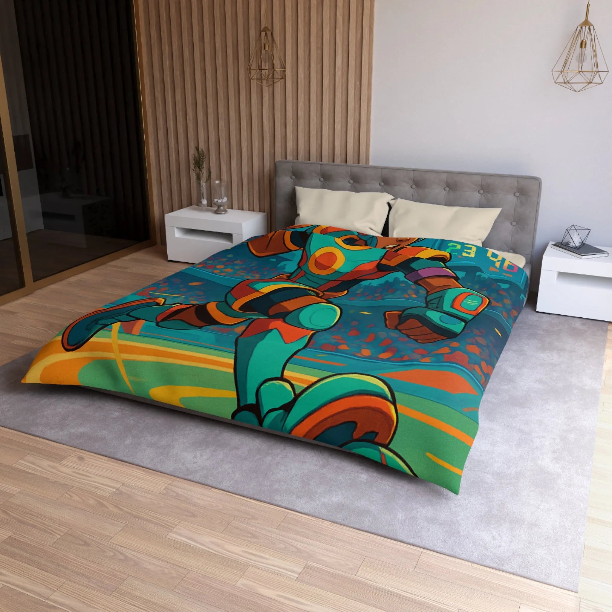 Housse de couette colorée avec joueur futuriste en action dans un stade dynamique
