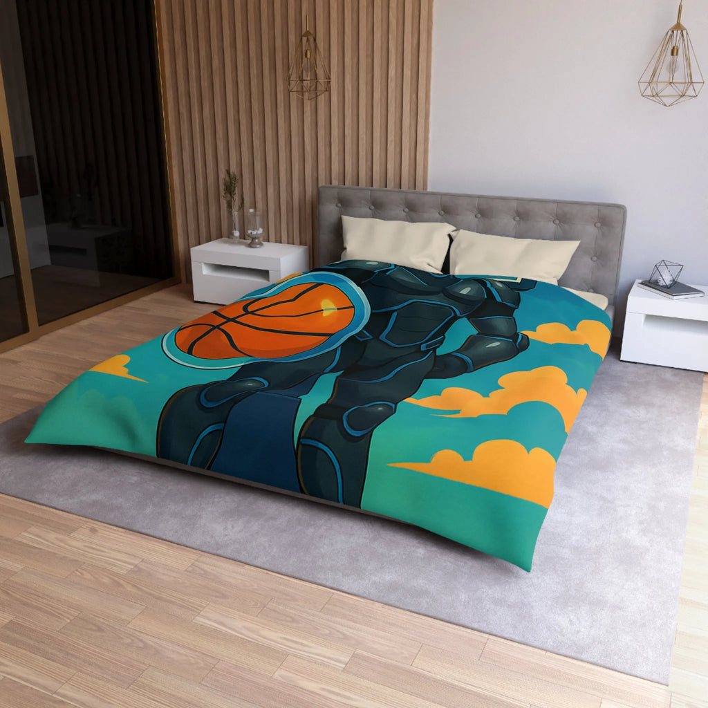 Housse de couette avec illustration d'un joueur de basket héroïque sous un ciel vibrant