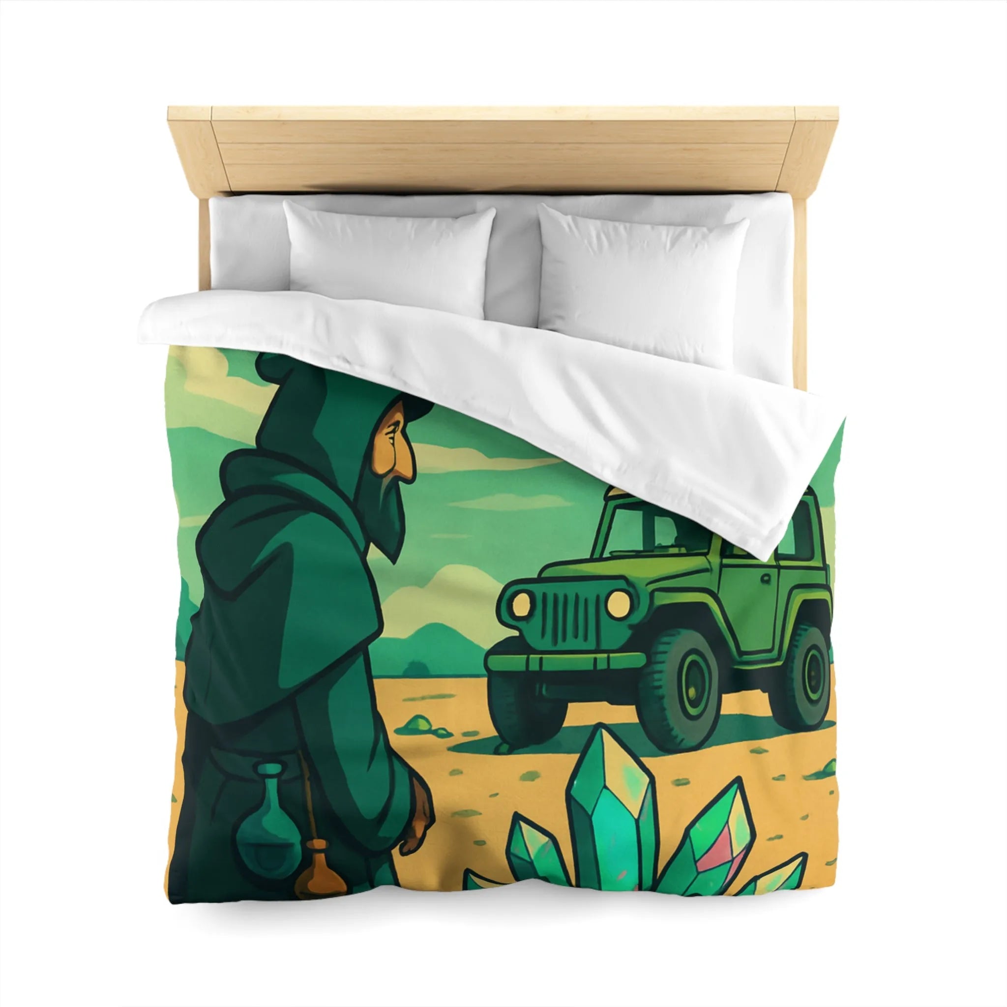 Housse de couette illustrée avec paysage surnaturel, grotte colorée et véhicule tout-terrain