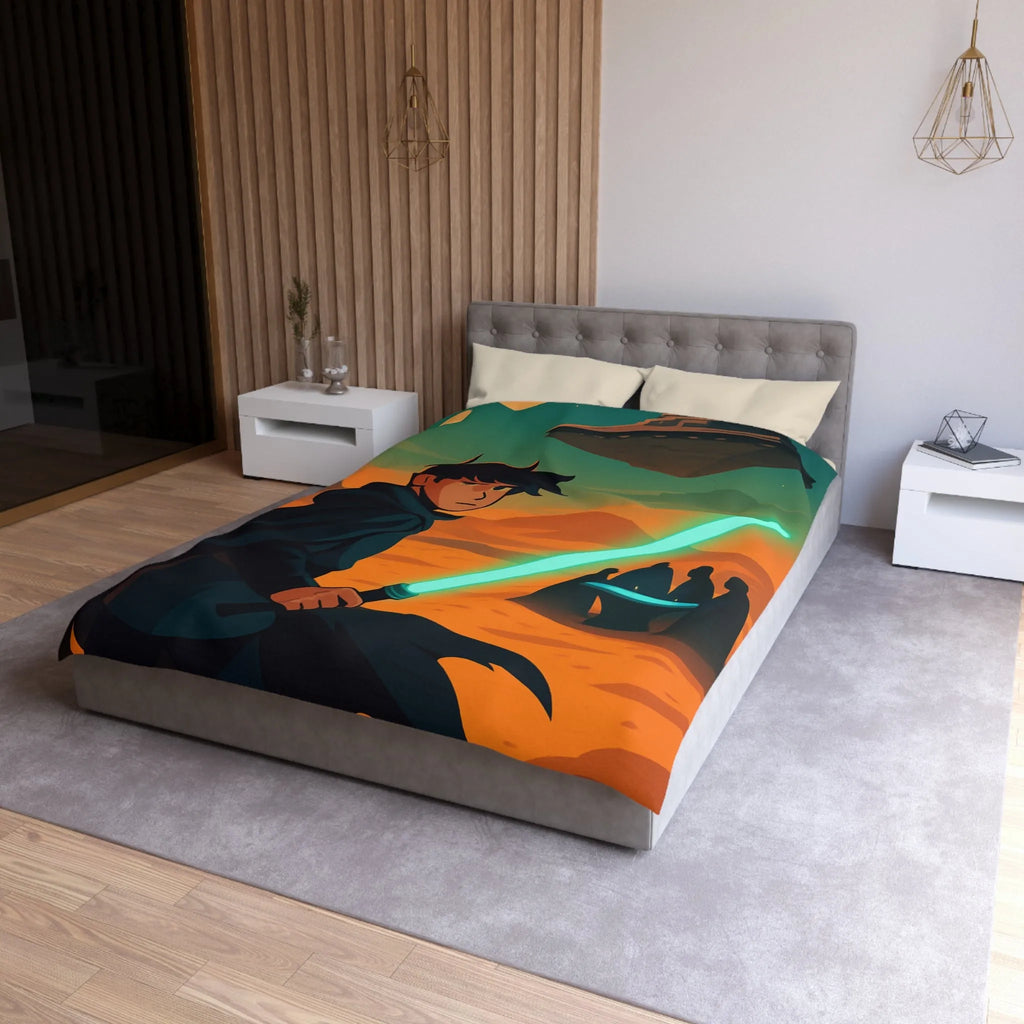 Épique scène de science-fiction avec héros sabre lumineux et vaisseau spatial en arrière-plan