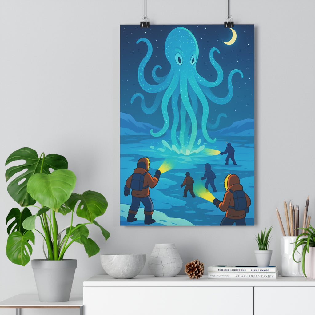 Poster décoratif créature arctique cartoon mystérieux chambre bureau explorateur aventure coloré lumineux glace captivant
