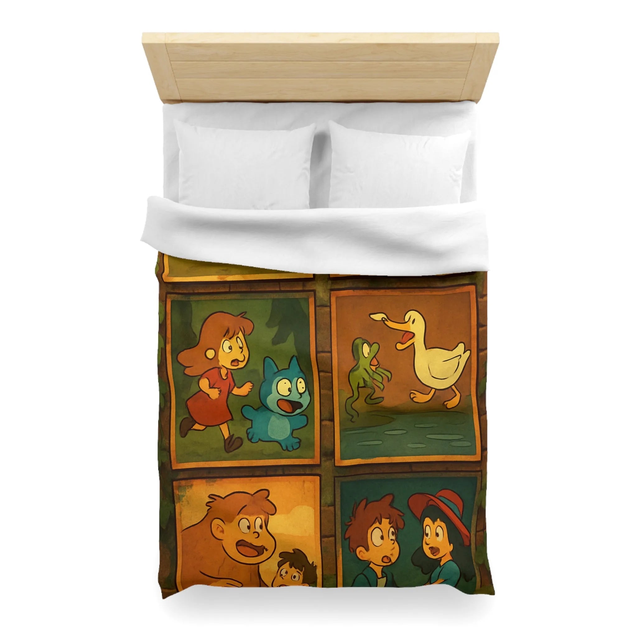 Housse de couette illustrée de scènes animées animalières et humaines ludiques et colorées