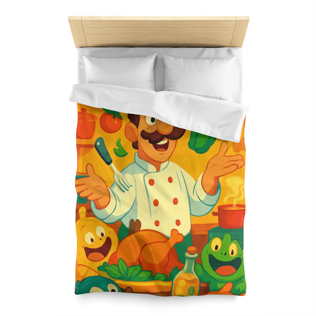 Housse de couette colorée avec chef animé, légumes et ustensiles pour enfants