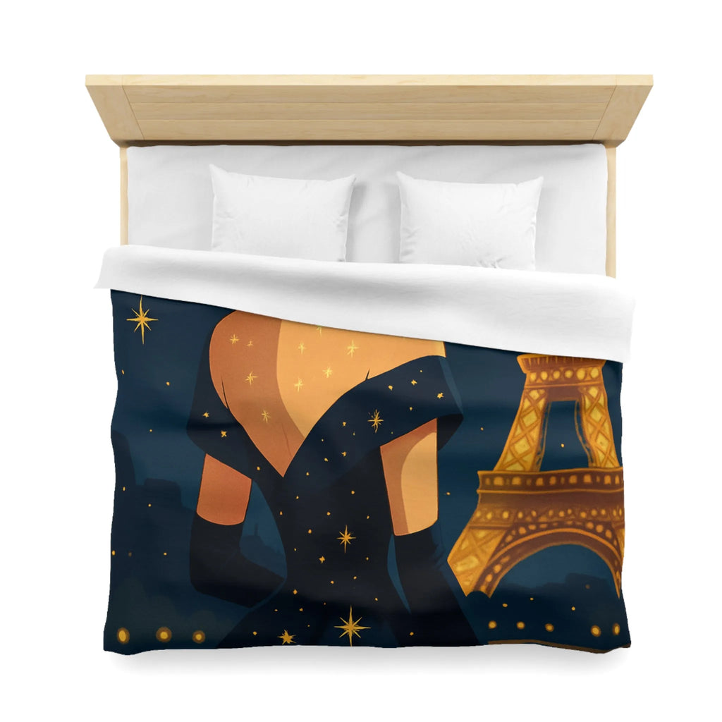 Élégante illustration nocturne femme en robe étoilée avec Tour Eiffel lumineuse