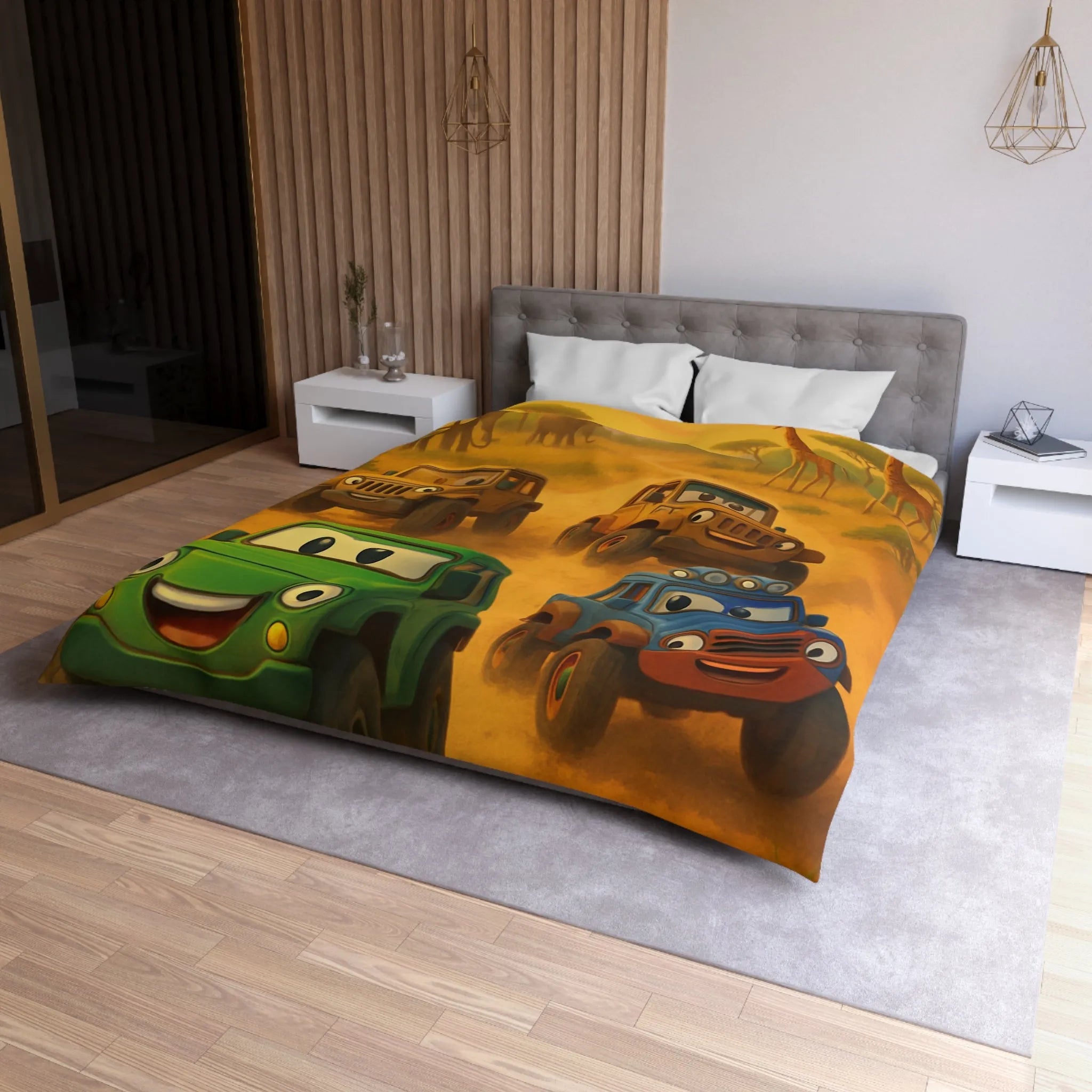 Housse de couette colorée safari savane avec voitures animales pour enfants joyeux