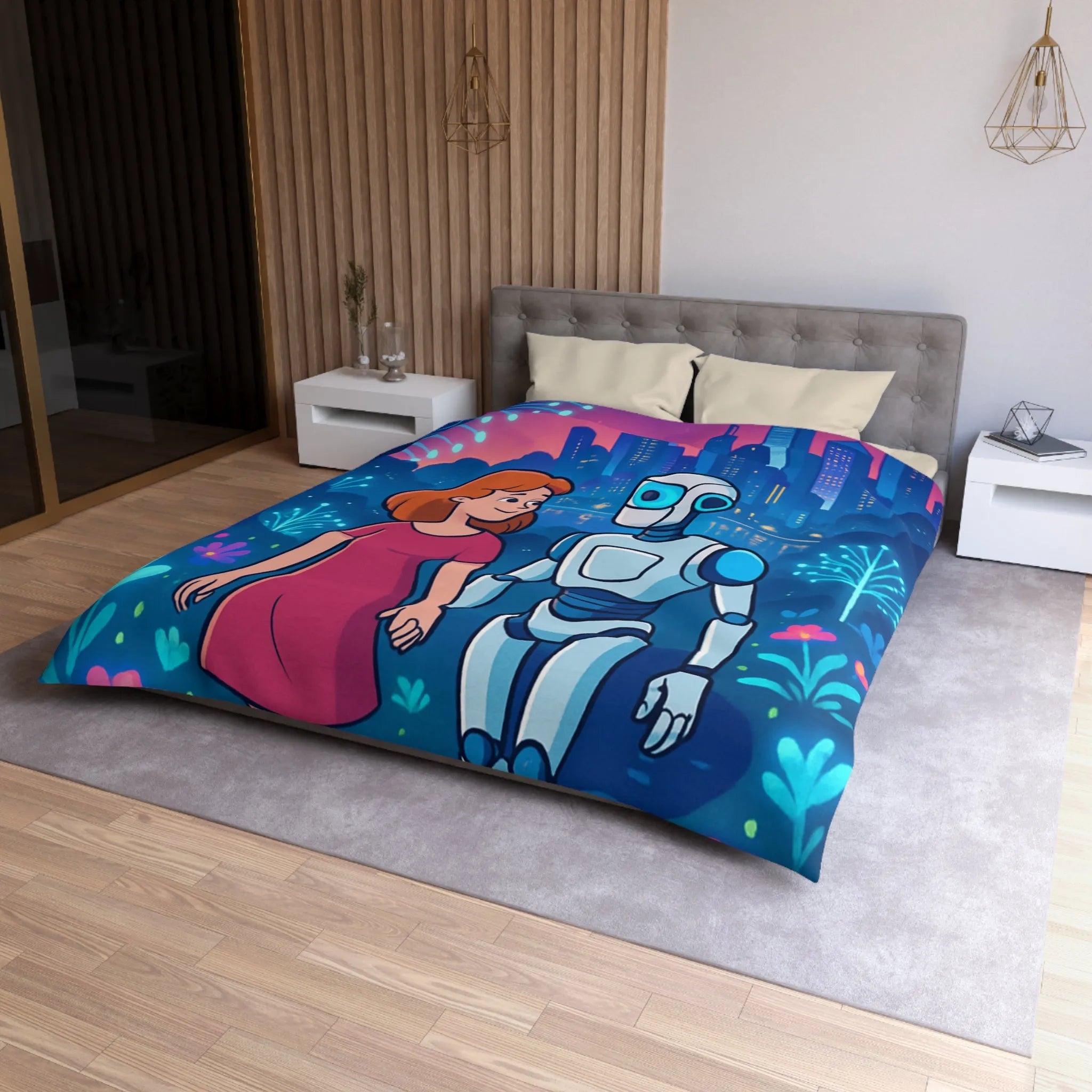 Housse de Couette Enchantée: Enfant et Robot dans un Univers Coloré et Futuriste