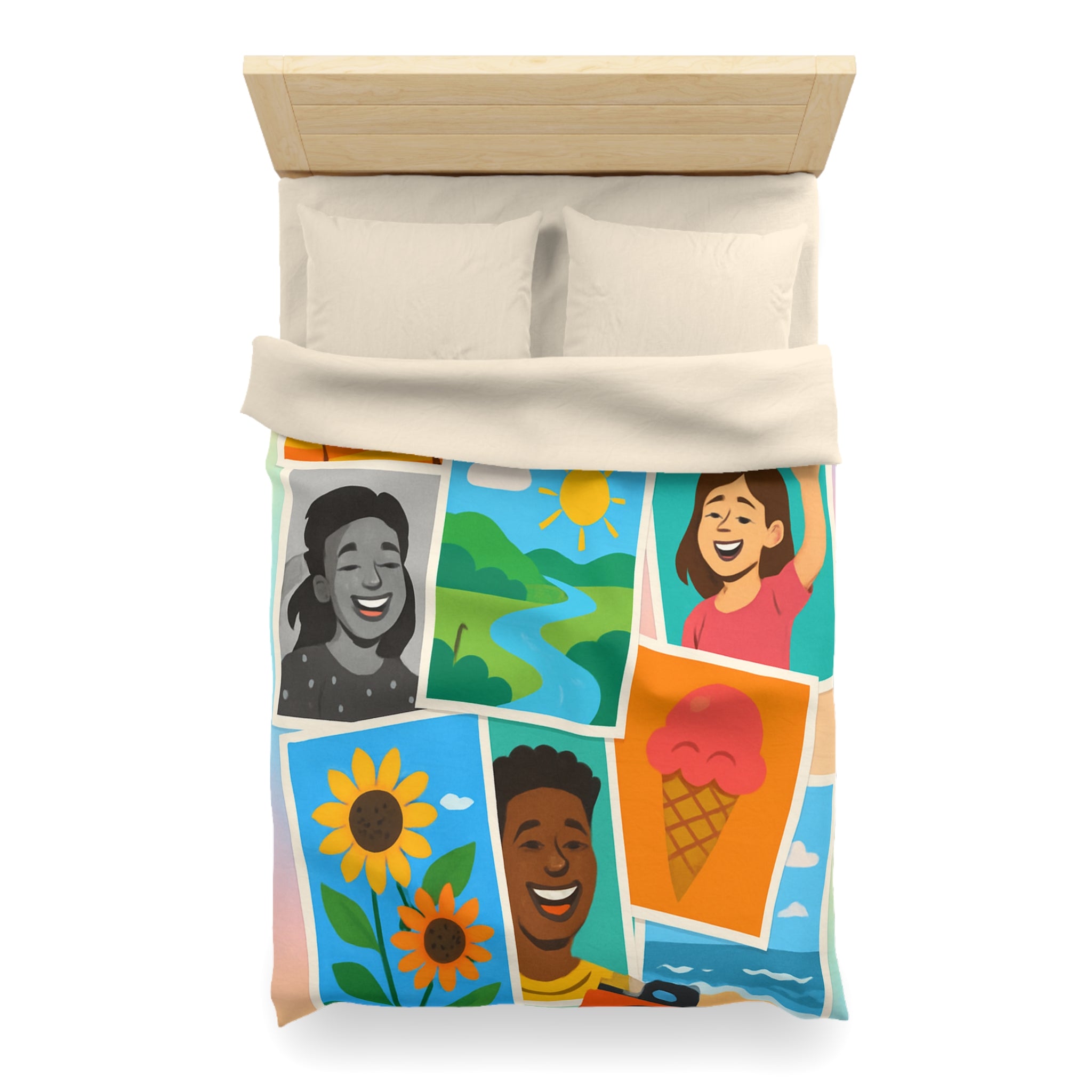 Vibrante housse de couette colorée avec portraits joyeux et paysages ensoleillés pour chambre