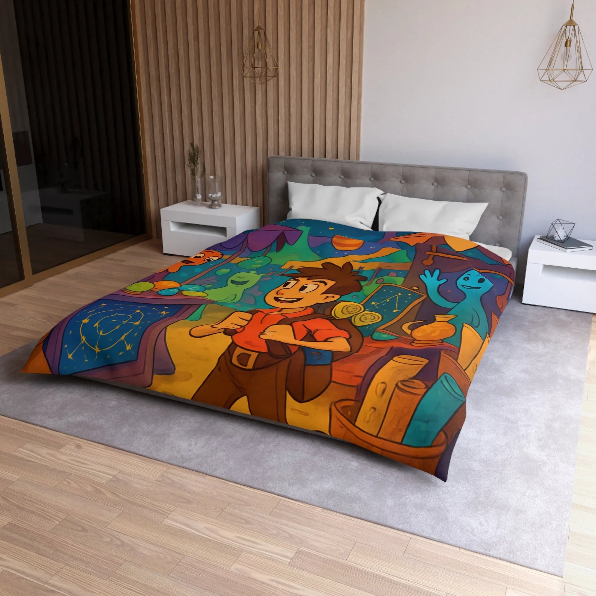 Housse de couette enfant monde fantastique avec planètes et créatures colorées