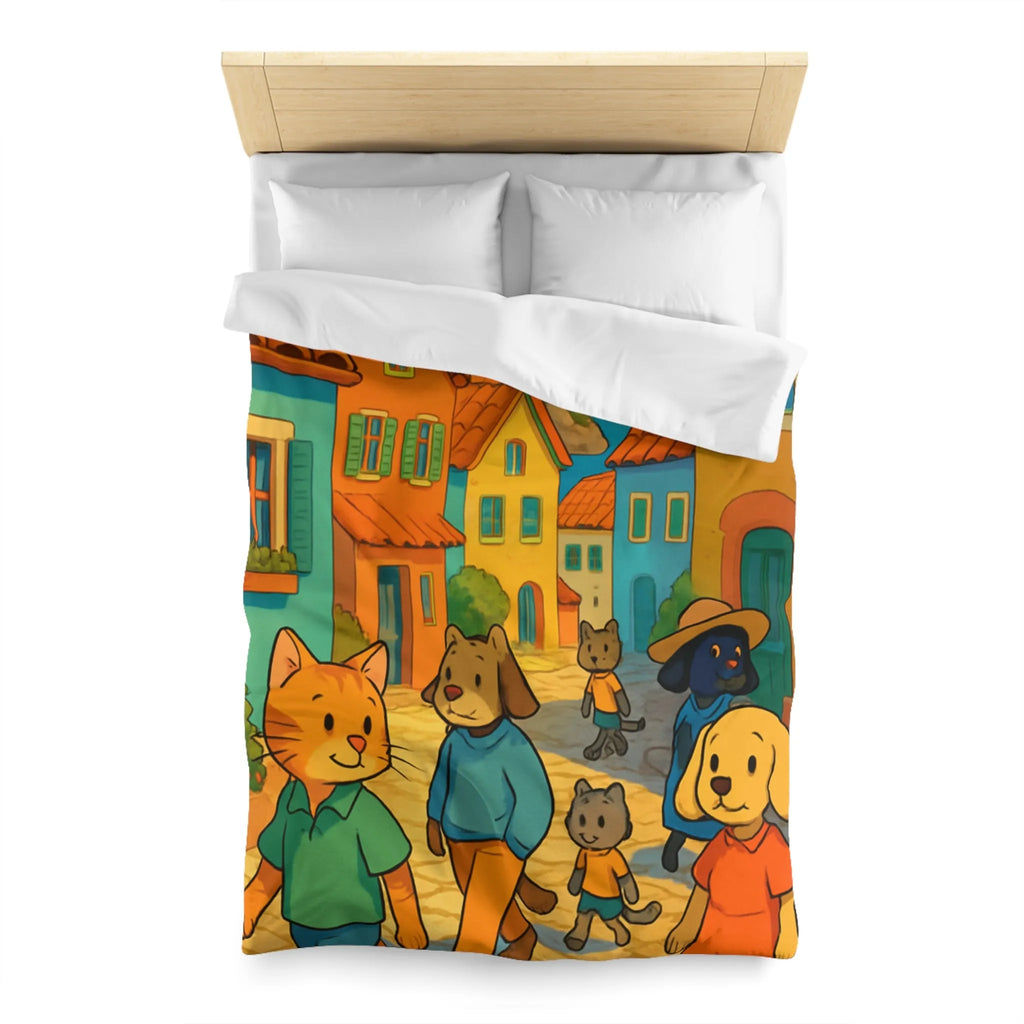 Housse de Couette Colorée avec Animaux Anthropomorphes et Lighthouse sur Rue ensoleillée