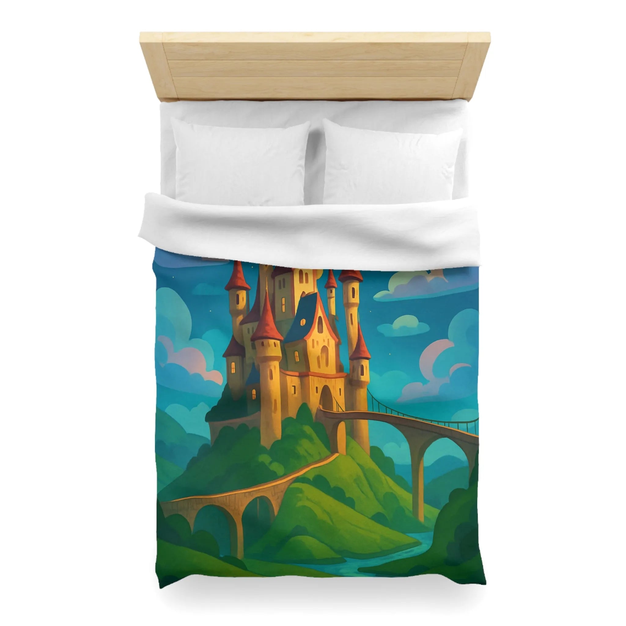 Housse de couette château féerique illuminé par la lune dans un paysage enchanteur nocturne