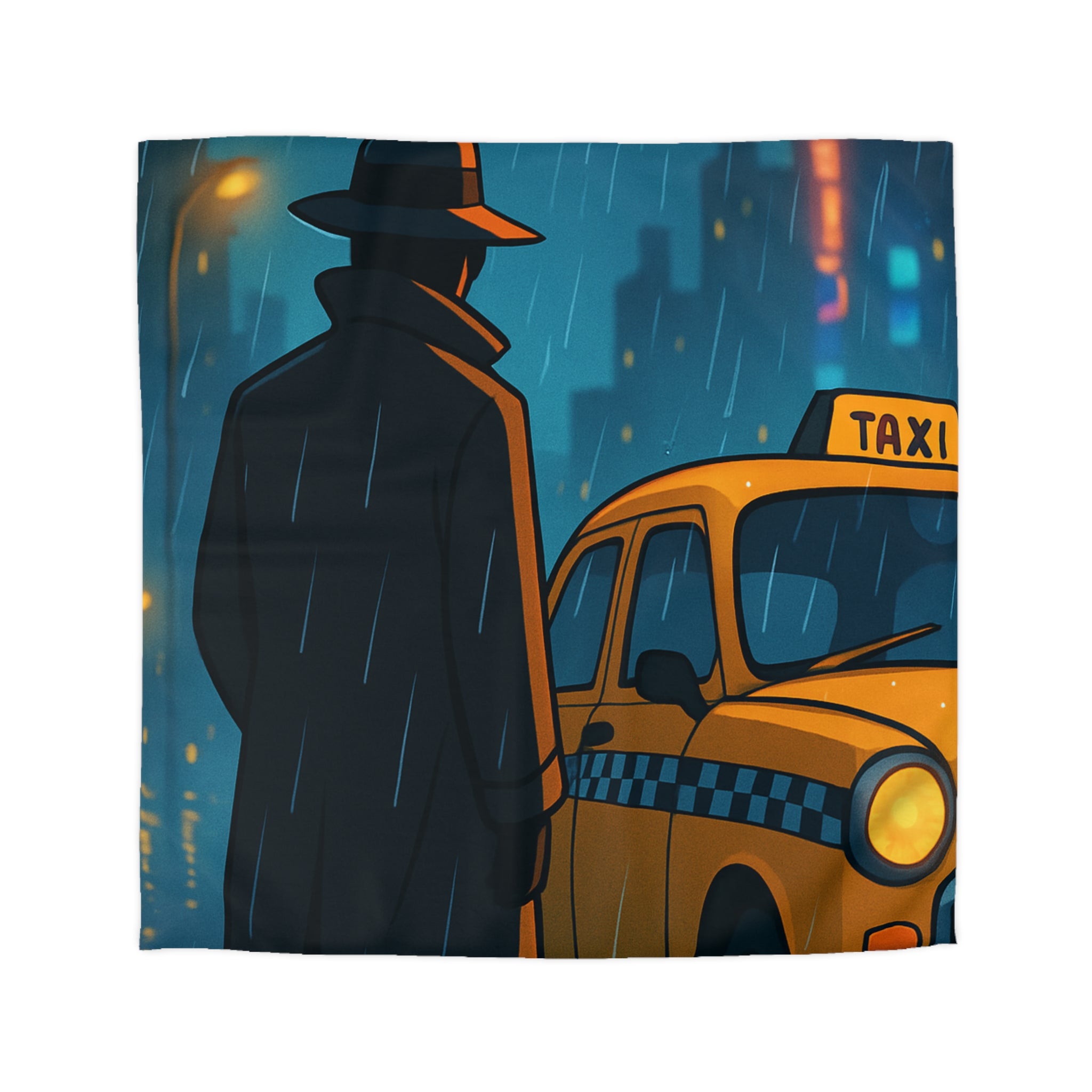 Mystérieux Homme En Imper Parapluie Noir Attendant Taxi Jaune Sous Pluie Urbaine Nocturne