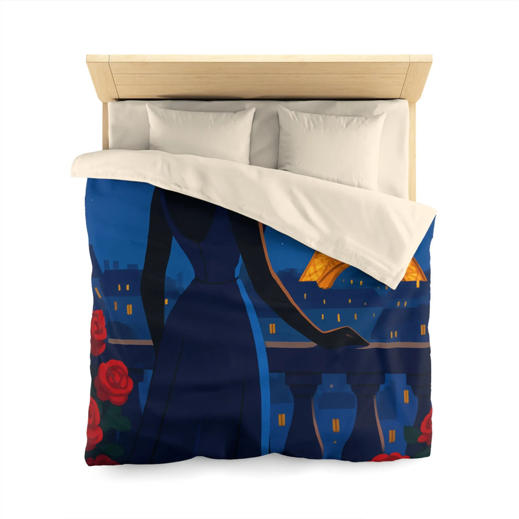 Housse de couette élégante avec vue nocturne sur Paris et roses rouges vibrantes