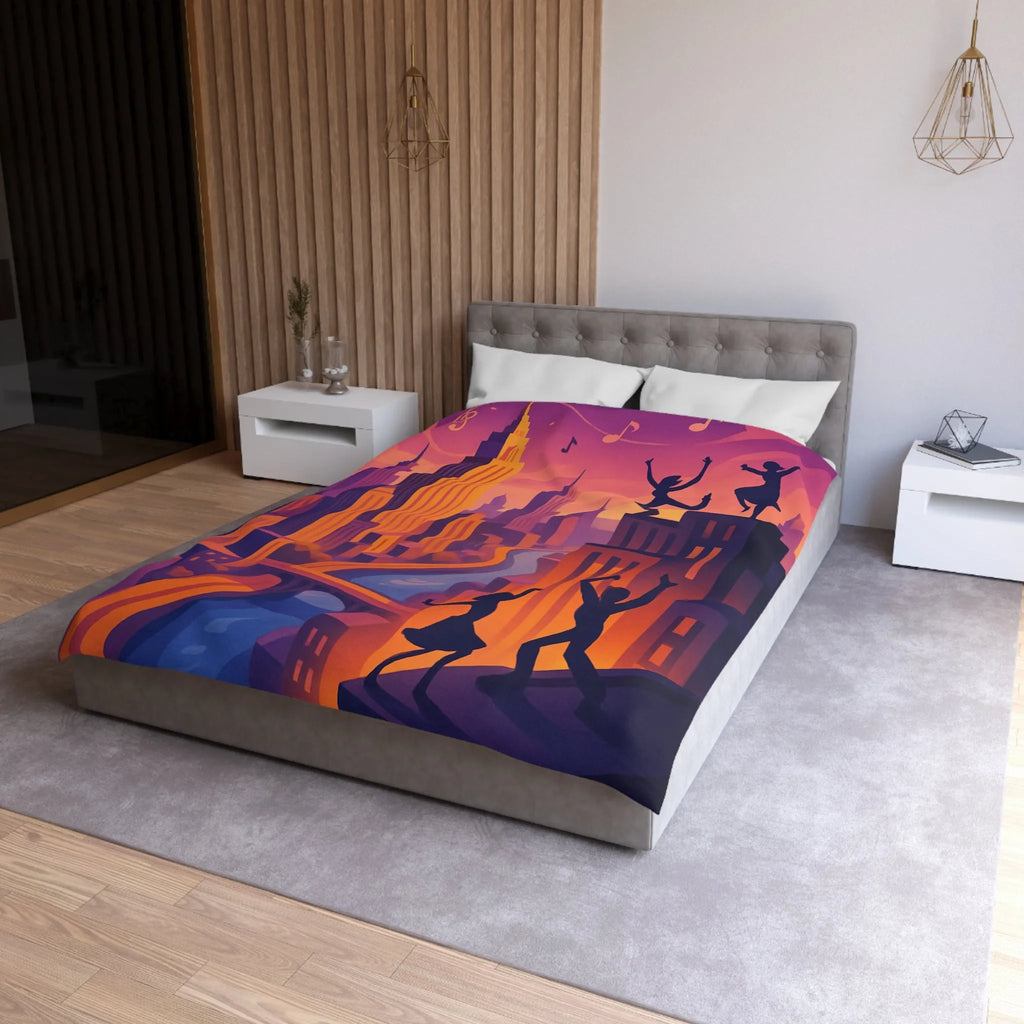 Housse de Couette avec Danseurs et Ville au Coucher de Soleil, Tonalités Vibrantes