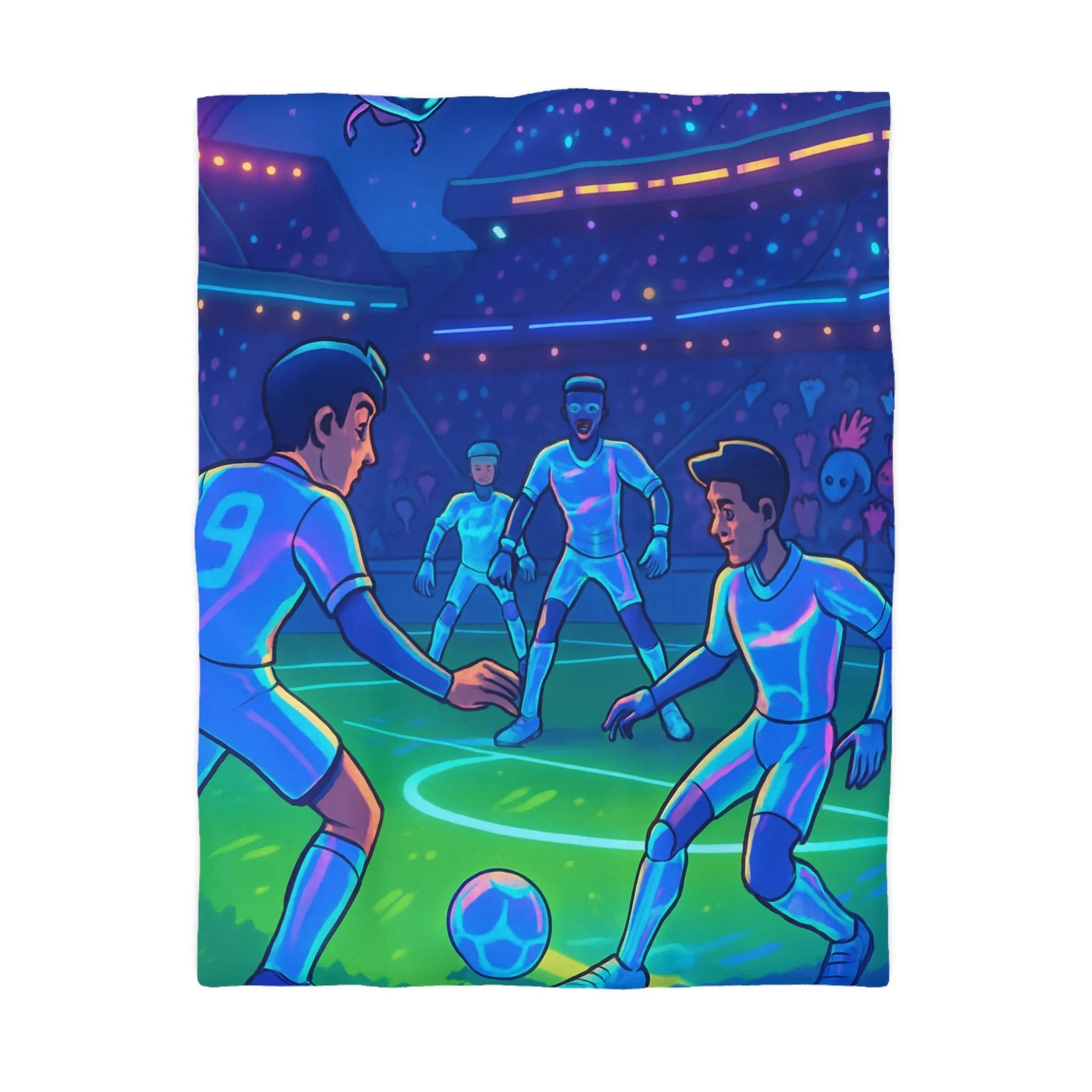 Housse de Couette de Football Futuriste avec Joueurs et Public dans un Stade Éclairé