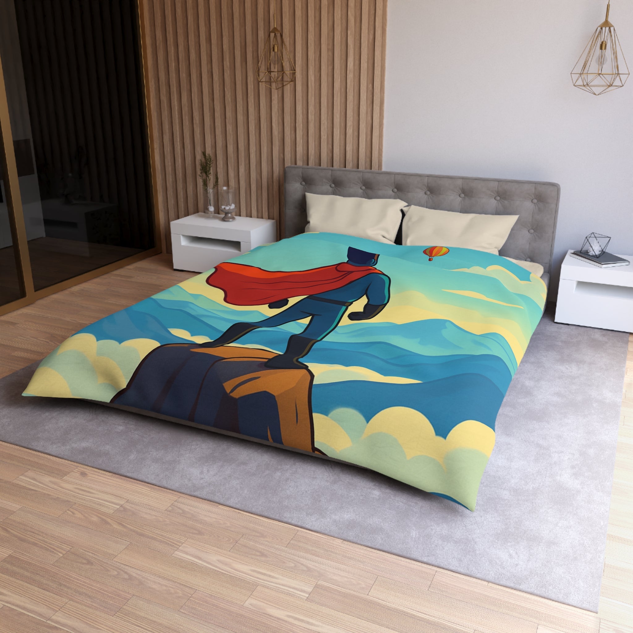 Housse de couette super-héros face montagne montgolfières colorées ciel bleu rêve