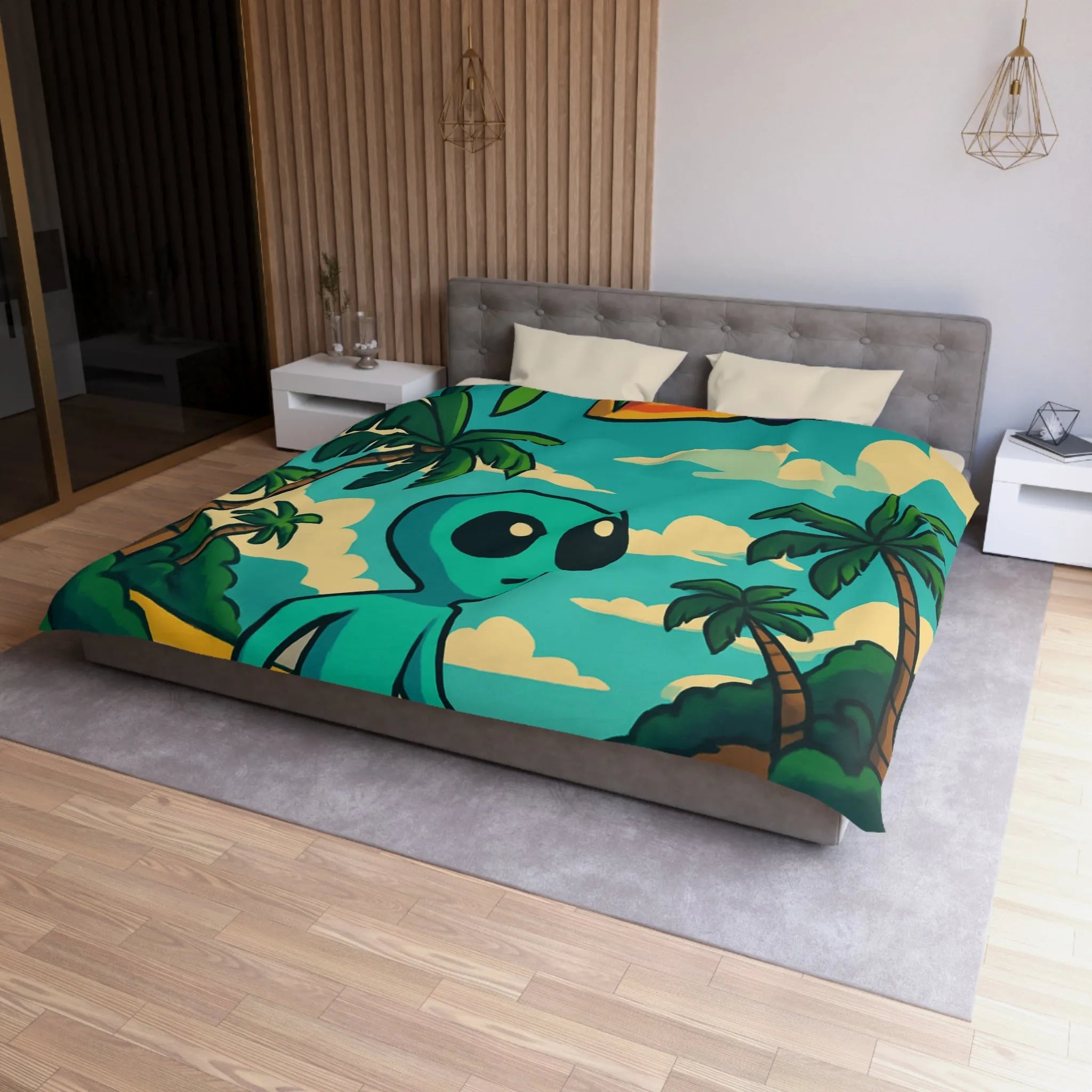 Housse de Couette Enfant Alien Plage Tropicale Planète Saturée Rêveur Ciel Imagination