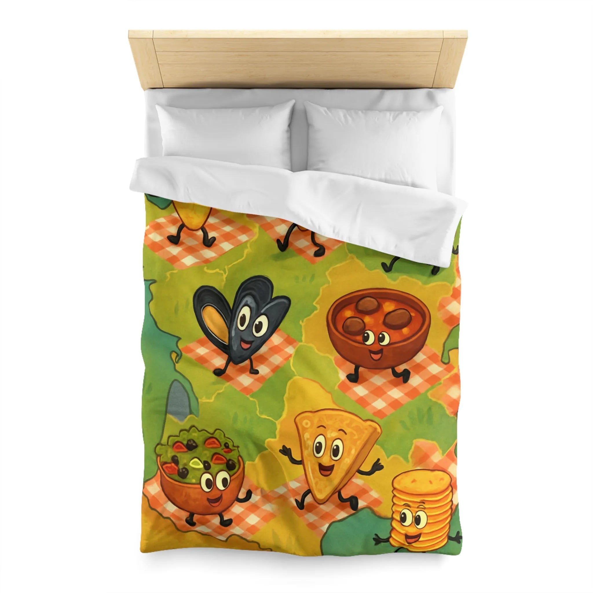 Housse de couette colorée avec motif ludique de spécialités culinaires françaises