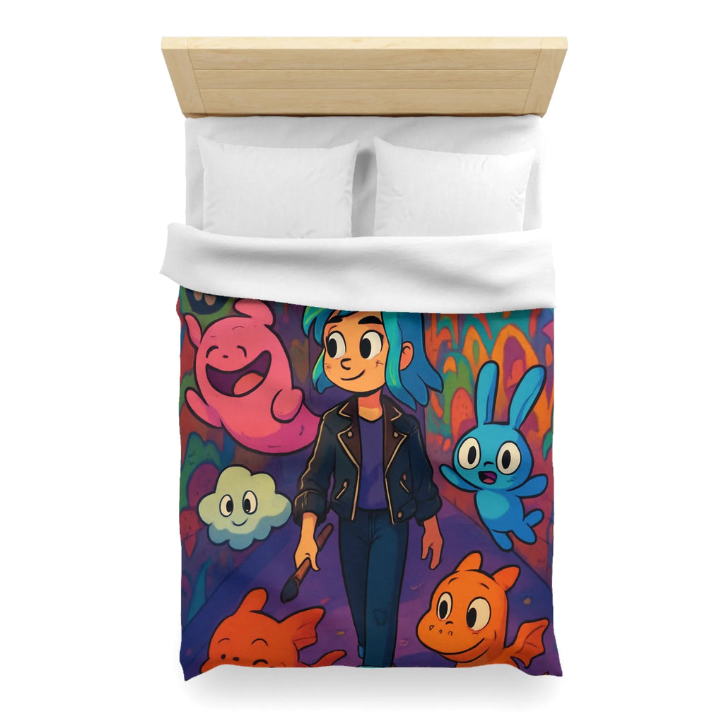 Housse de couette colorée avec personnages fantasy dans une ruelle urbaine magique