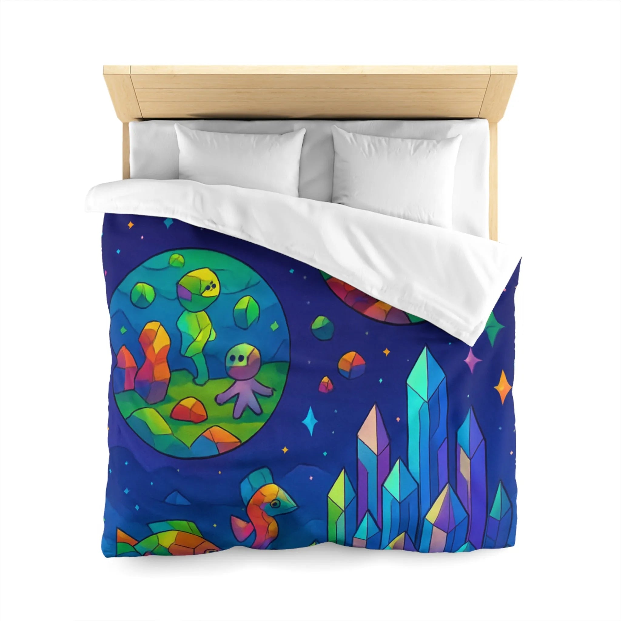 Housse de couette colorée avec paysages extraterrestres, créatures mignonnes et cristaux célestes