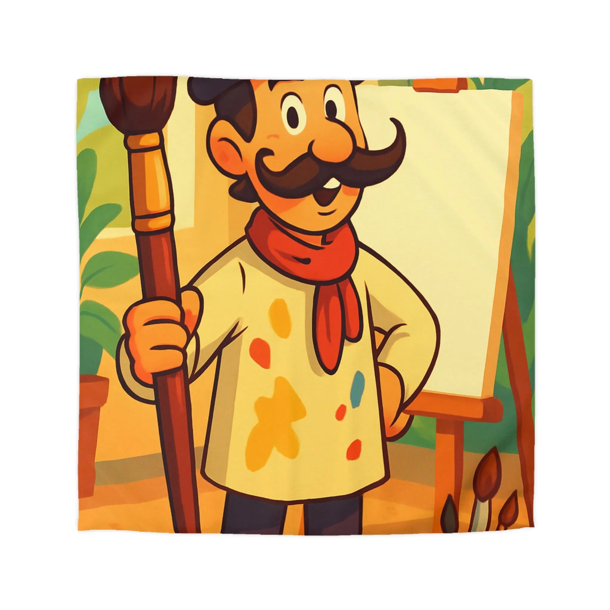 Housse de couette artiste moustachu amusant avec chevalet, pinceaux et pots de peinture