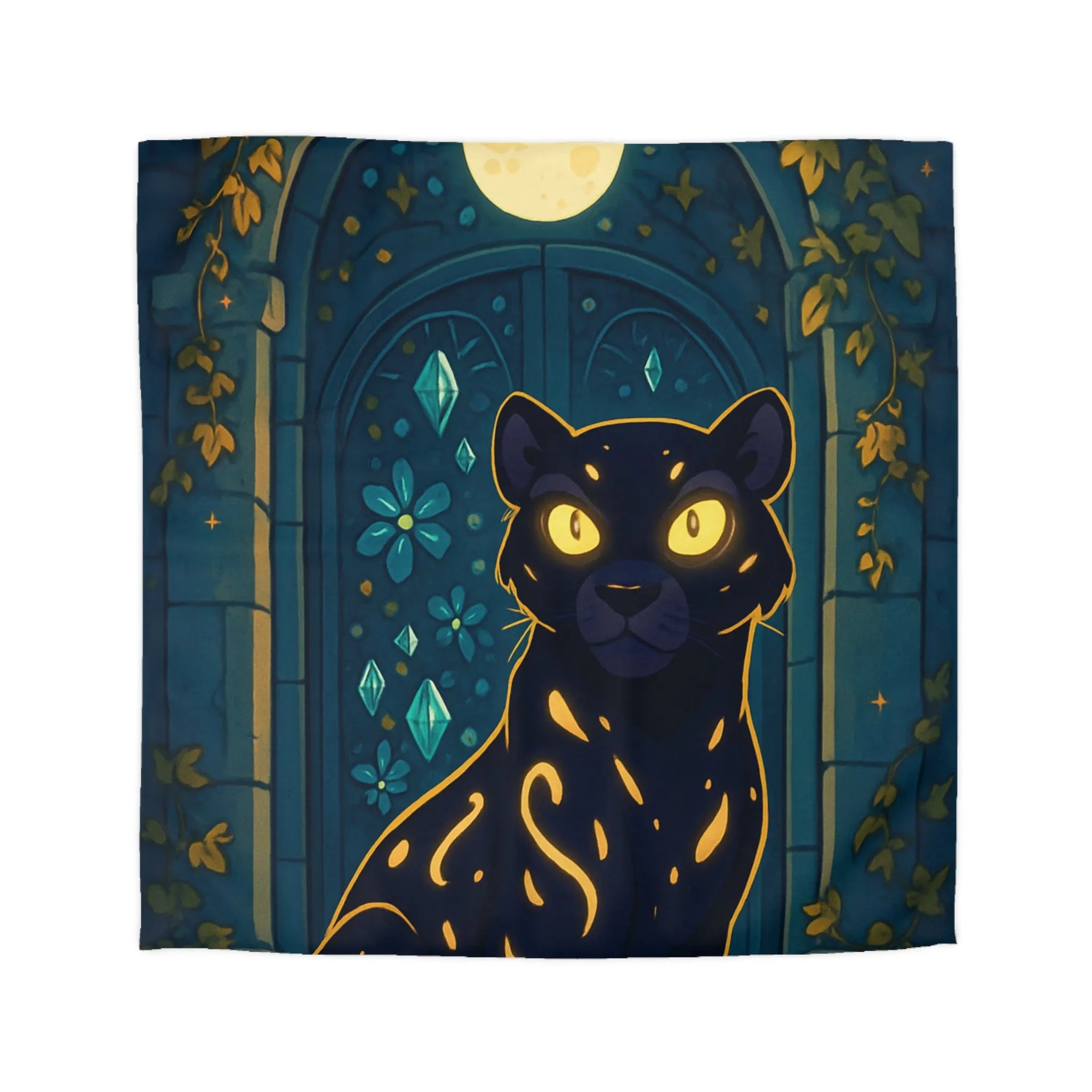 Housse de couette féline enchantée avec portail lunaire et arabesques dorées en forêt