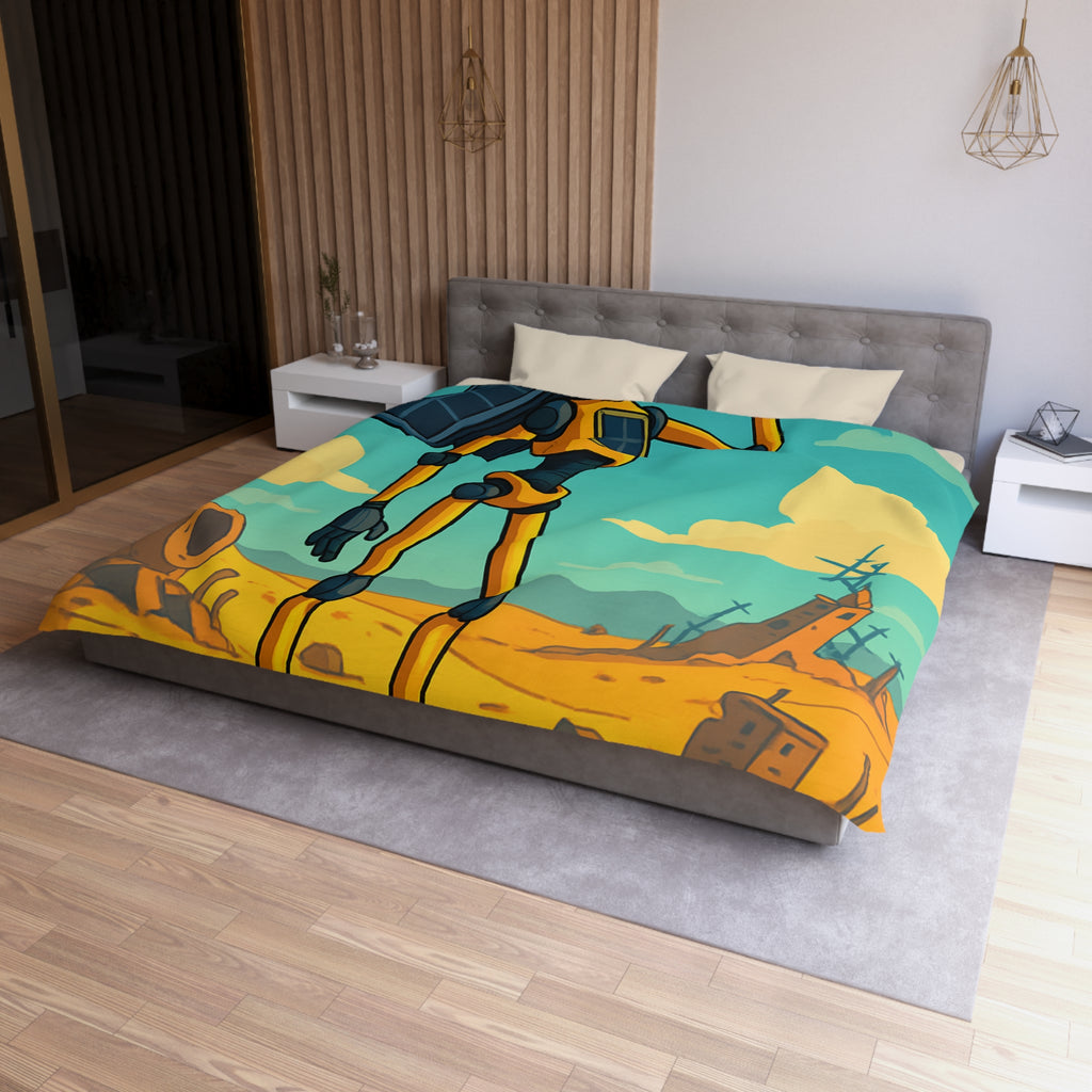 Housse de couette robot jaune explorateur dans désert post-apocalyptique avec oiseau