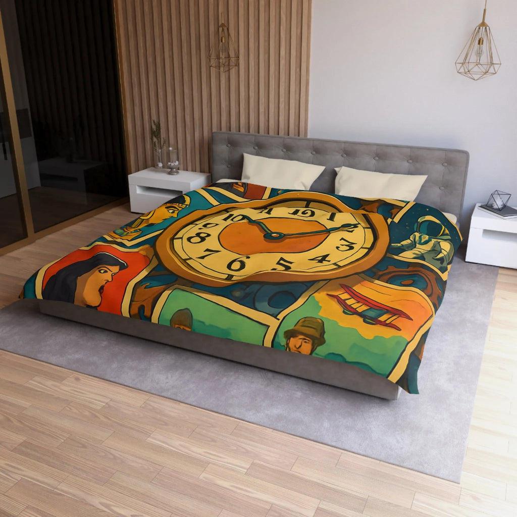 Housse de couette illustrant l'histoire colorée avec des figures emblématiques du temps et de l'espace