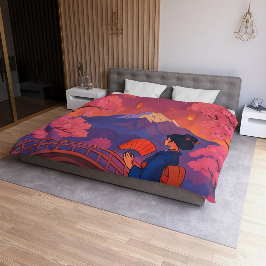 Housse de couette japonaise avec cerisiers, lanterne et vue sur le Mont Fuji