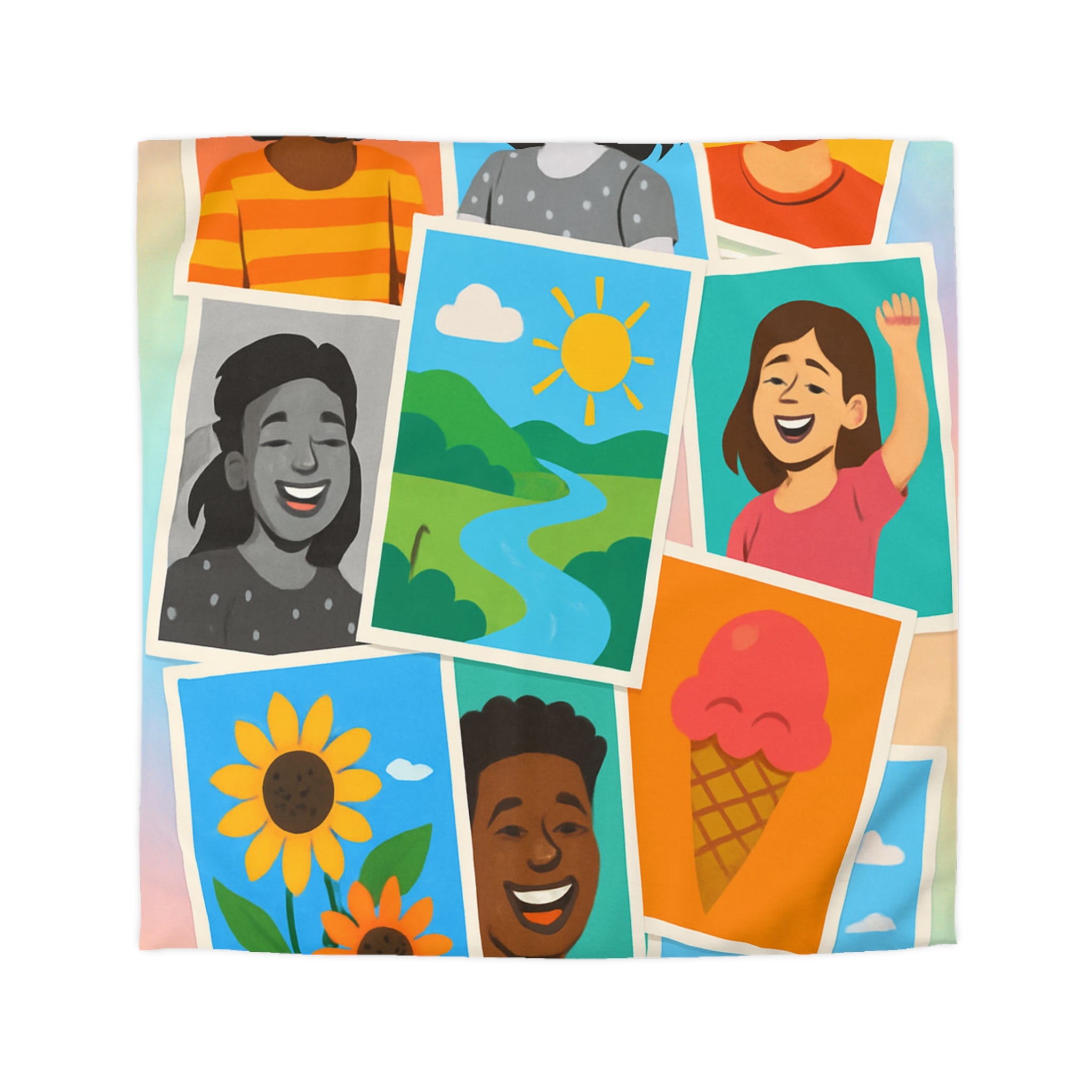 Vibrante housse de couette colorée avec portraits joyeux et paysages ensoleillés pour chambre