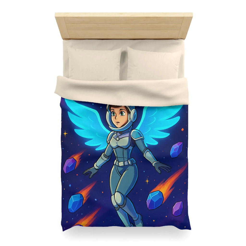 Housse de couette astronaute ailé dans l'espace avec étoiles et nébuleuses colorées