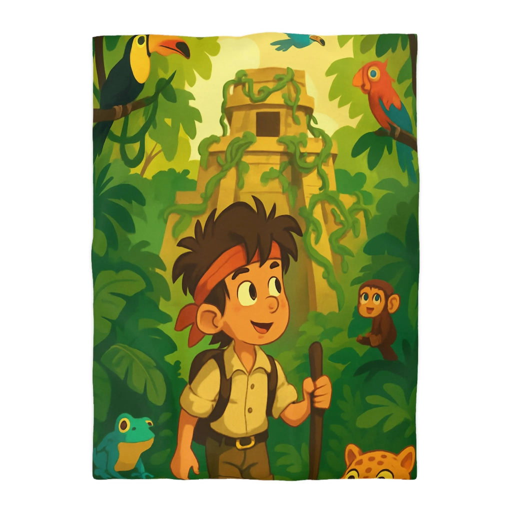 Housse de couette aventure jungle exotique pour chambre d'enfant avec animaux et temple