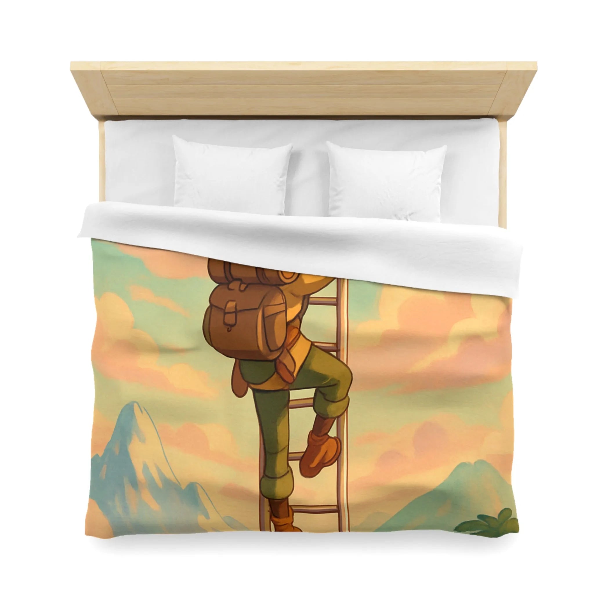 Housse de couette avec aventurier grimpant échelle vers ciel pastel et montagnes lointaines